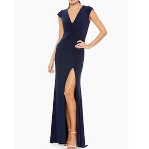 Mac Duggal Ieena Gown Dress Maxi Navy Blue Slit V Neck Sleeves Ruched Stretch